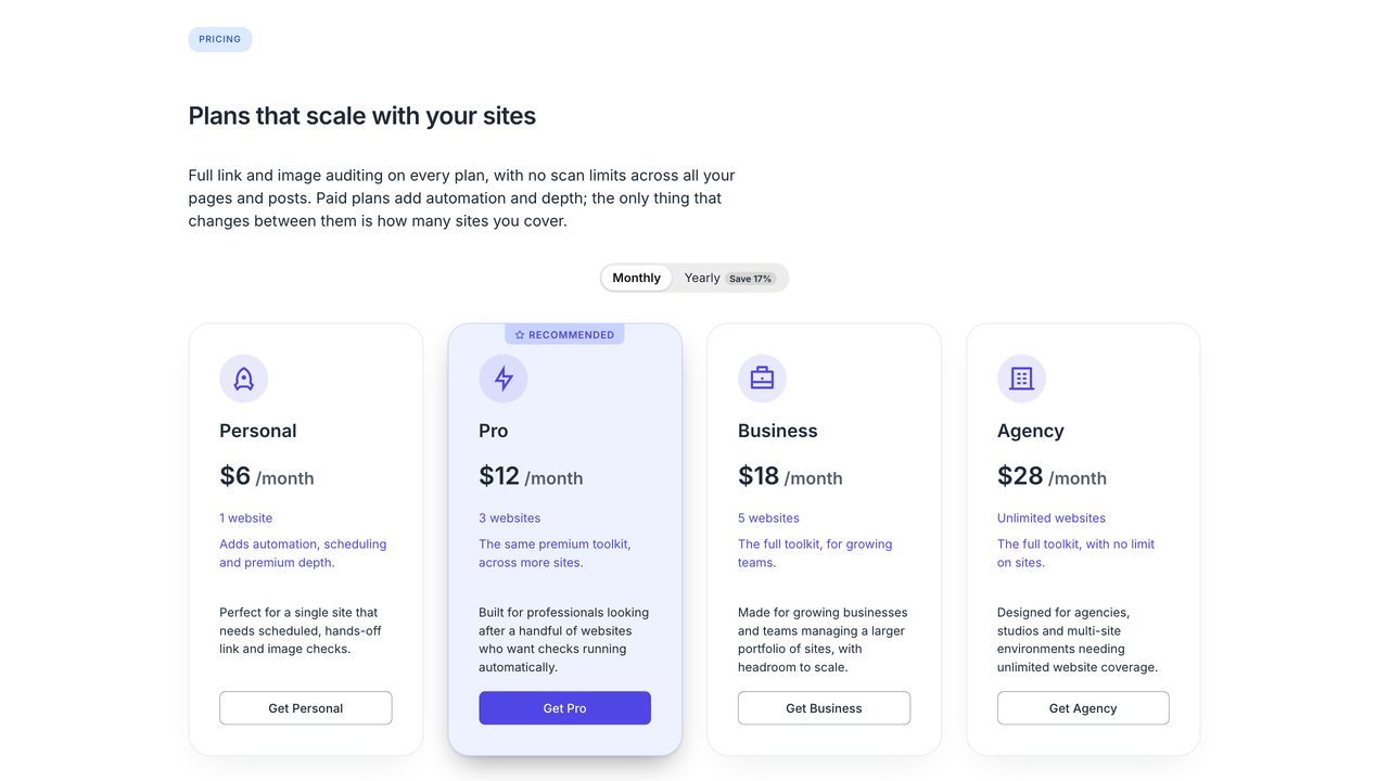 live-pricing-for-freemius-pricing-cards-with-a-featured-plan Four pricing cards built from the plugin, the featured plan badged and filled, with the billing cycle toggle and its saving badge above them
