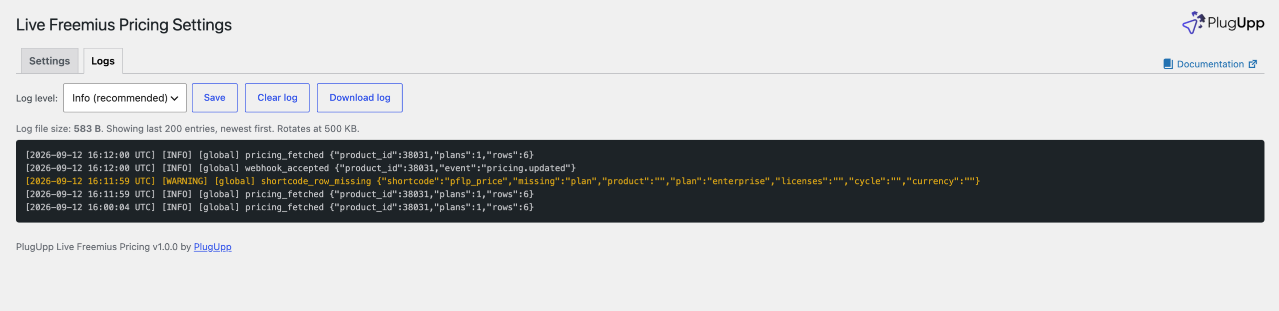live-freemius-pricing-the-logs-tab The Logs tab, showing fetches and webhook deliveries