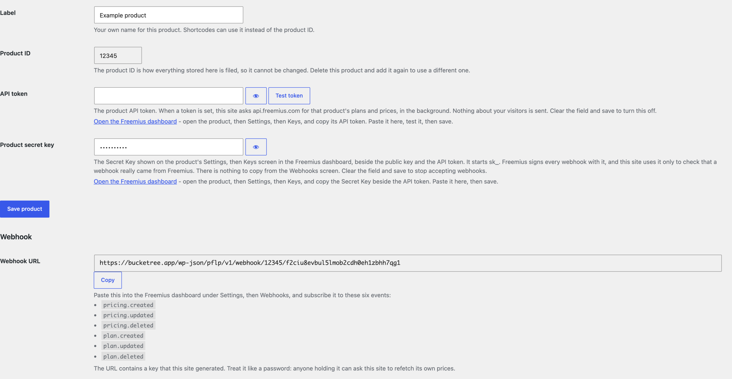 live-freemius-pricing-a-products-own-screen A product's own screen: the API Bearer Authorization Token with its Test button and the secret key on file