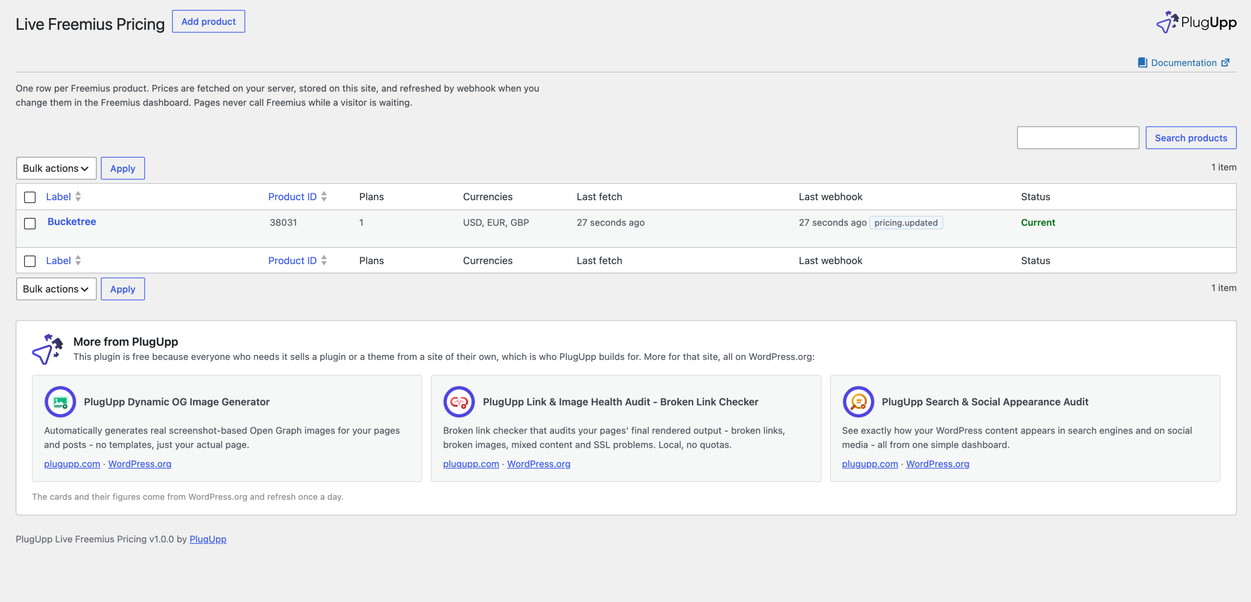 live-freemius-pricing-the-products-screen The Products screen: every configured product with its plans, currencies, last fetch, last webhook and status