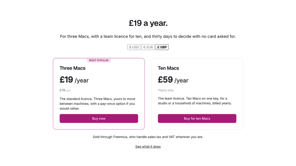 The live Bucketree pricing page at bucketree.app with GBP chosen on the currency toggle, showing the Three Macs and Ten Macs cards in pounds, with the Most Popular badge on Three Macs