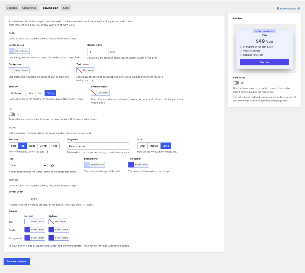 The Featured plan tab under Freemius Pricing settings, with the Card, Badge and Button settings beside a live preview of a featured pricing card