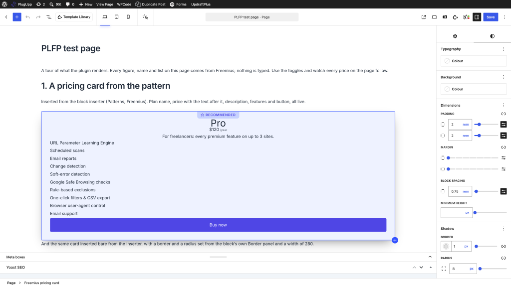 The Freemius pricing card block selected in the WordPress block editor, showing the live plan name, price, features and buy button, with the card padding, block spacing, border and radius settings in the sidebar