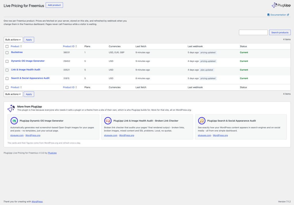 The Freemius Pricing Products screen in the WordPress admin, with one row per Freemius product showing its plans, currencies, last fetch, last webhook and status