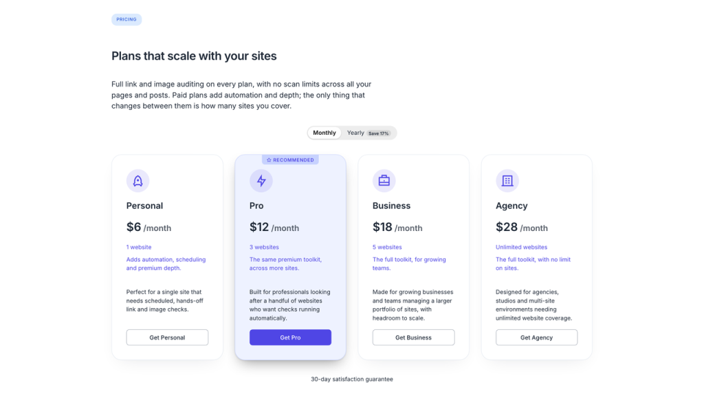 The live Link & Image Health Audit pricing table on plugupp.com: a Monthly and Yearly billing cycle toggle with a saving badge on Yearly, above four pricing cards, Personal, Pro, Business and Agency, with Pro marked Recommended